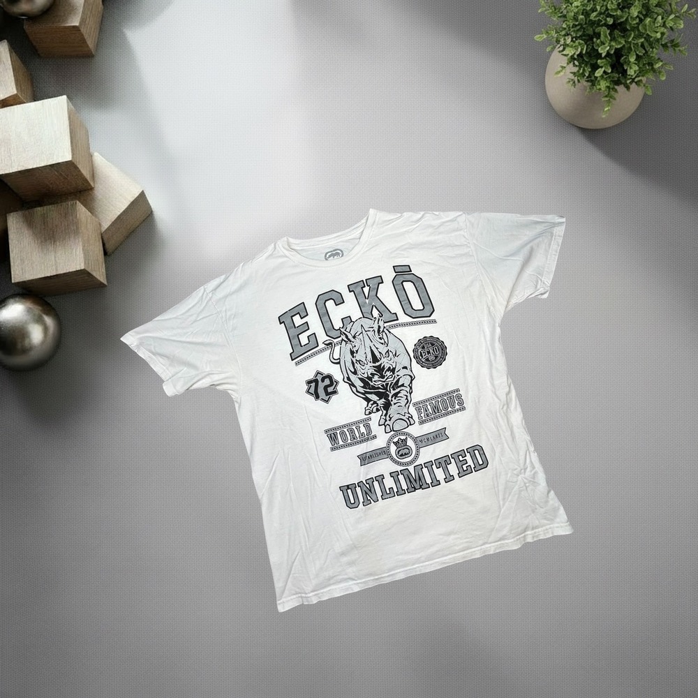 Ecko Unltd Graphic Tee Shirt Mens XL White Rhino Y2K Streetwear Skater 1148